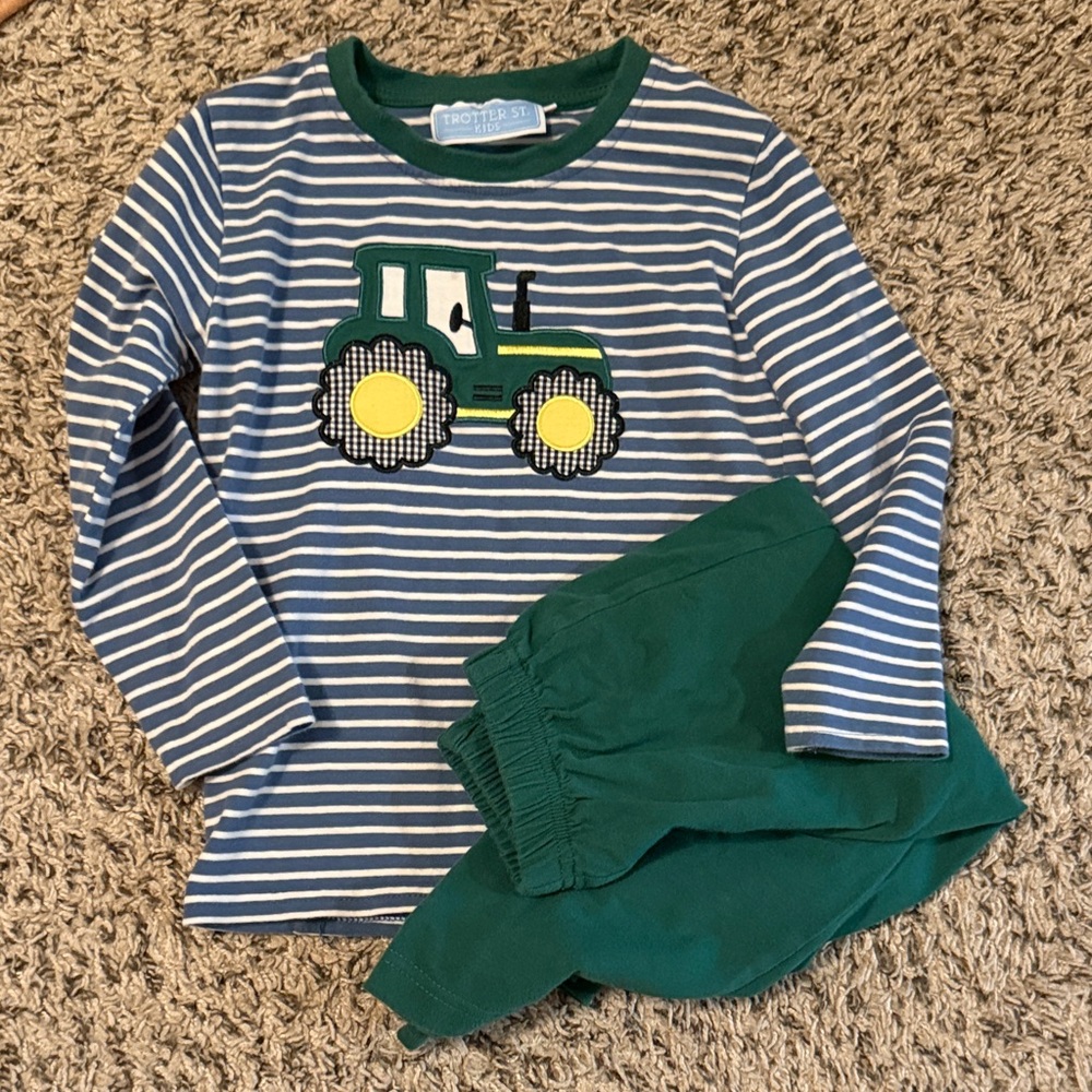 Striped Appliqué Tractor Shirt and Green Pant Set